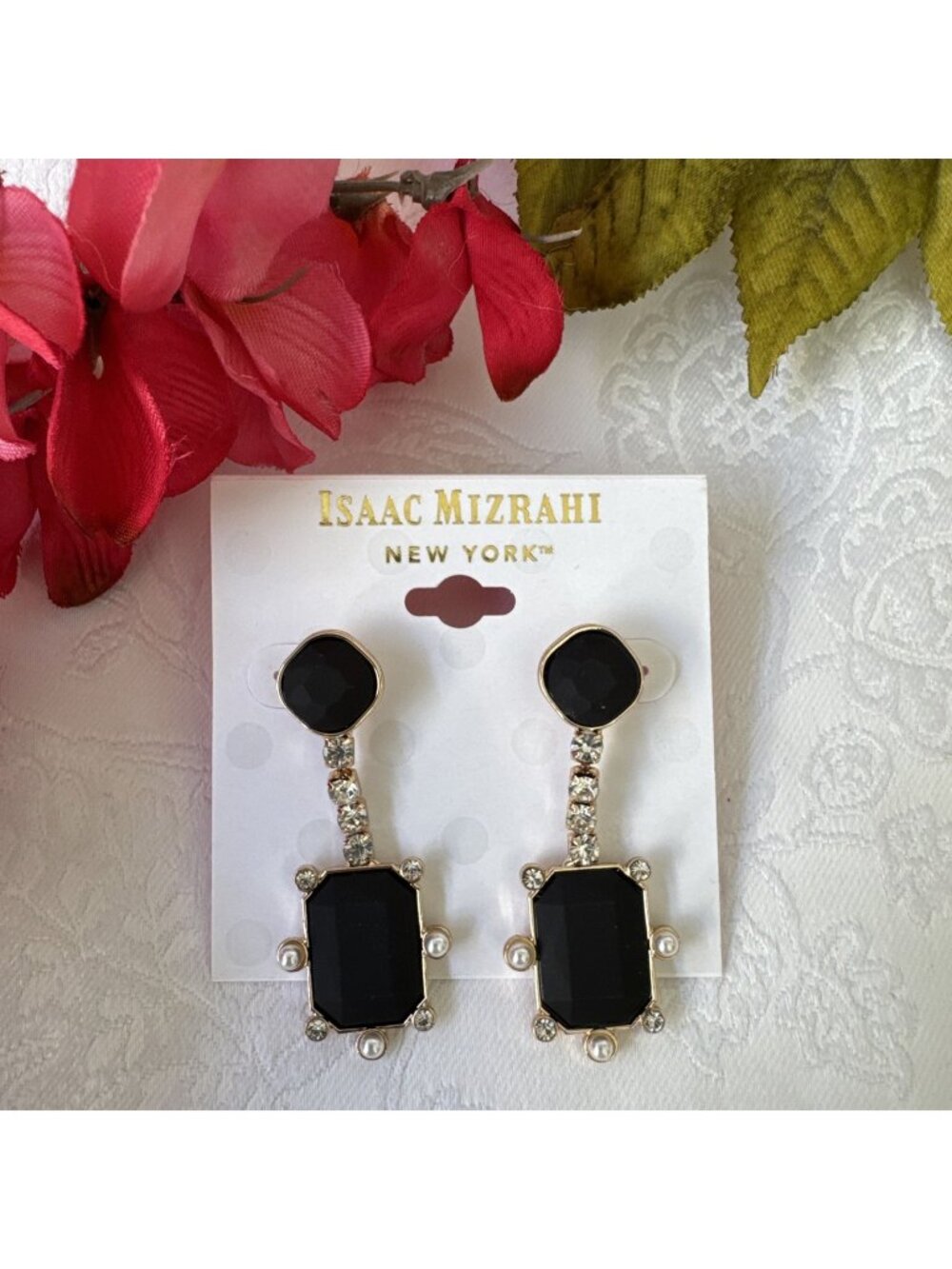 Isaac Mizrahi Black Stone Pearl Gold Rhinestone Drop Earrings 2" MSRP $44 NEW